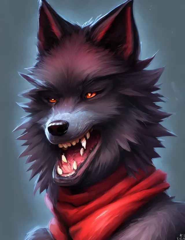 Prompt: character concept art of a black anthropomorphic male furry wolf long red hair | | cute - fine - face, pretty face, key visual, realistic shaded perfect face, fine details by stanley artgerm lau, wlop, rossdraws, james jean, andrei riabovitchev, marc simonetti, and sakimichan, trending on artstation