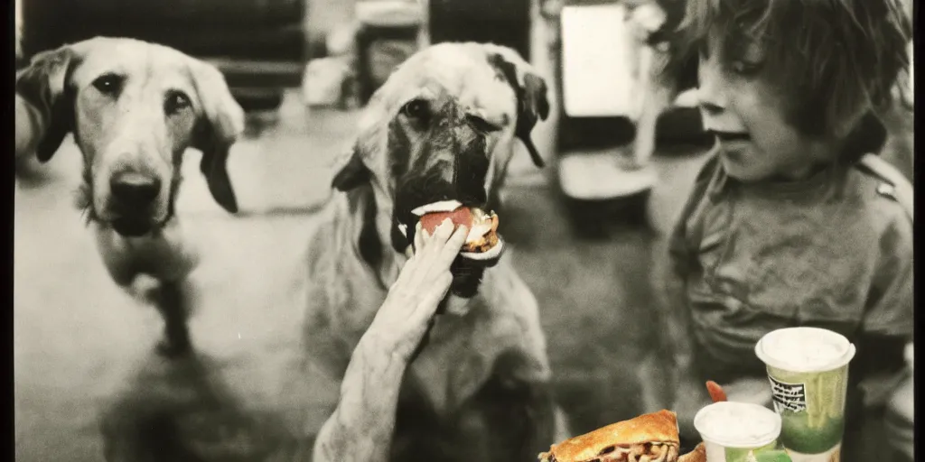 Image similar to A green dog eating hambugers while talking to his friend john, 1978 polaroid , 35mm