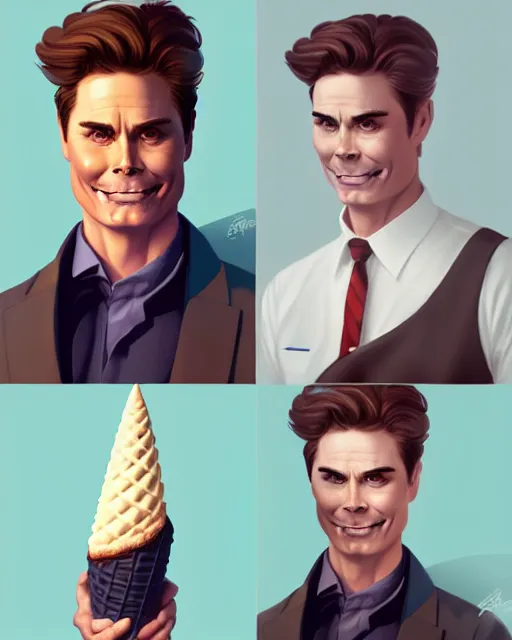 Prompt: full body anthropomorphic ice cream cone man resembling rob lowe!, fantasy, sci - fi, by charlie bowater, artgerm, ilya kuvshinov, krenz cushart, ruan jia, realism, ultra detailed, 8 k resolution