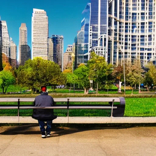 Prompt: A man sitting on a park bench in a city taken over by wildlife