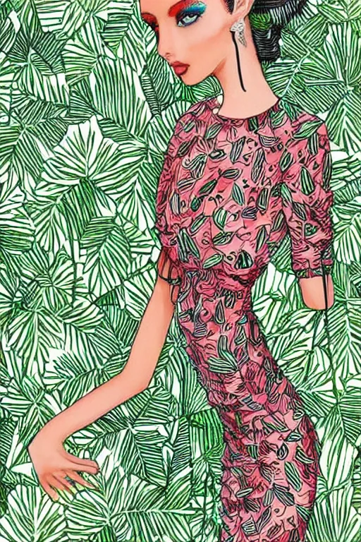 Image similar to melon colored dress, fashion illustration by eko nugroho, jungle background, finely detailed