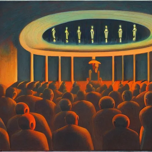 Image similar to robotic choir in an amphitheater, pj crook, grant wood, edward hopper, syd mead, chiaroscuro, oil on canvas