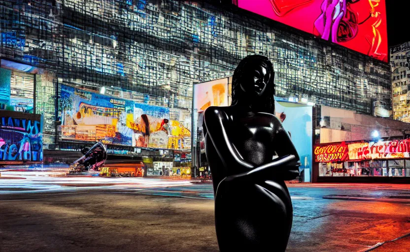 Image similar to night time photo of billboard advertisement of extremely beautiful female black marble statue in the style of virgil abloh, colorful motocross logos behind her, sharp focus, clear, detailed,, cinematic, detailed, off white, glamourous, symmetrical, vogue, editorial, fashion, magazine shoot, glossy