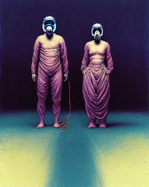 Prompt: Two creepy figures wearing gas masks, sharing an oxygen tank, draped in silky gold, blue and purple, inside a decayed, dystopian operating room, in the style of Francis Bacon, Esao Andrews, Zdzisław Beksiński, Edward Hopper, surrealism, art by Takato Yamamoto and James Jean