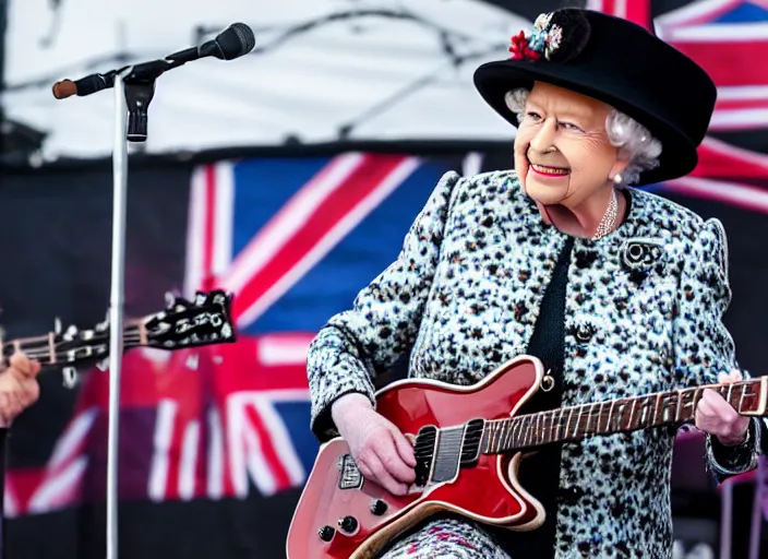 Image similar to photo still of queen elizabeth on stage at vans warped tour!!!!!!!! at age 7 0 years old 7 0 years of age!!!!!!! shredding a guitar on stage, 8 k, 8 5 mm f 1. 8, studio lighting, rim light, right side key light