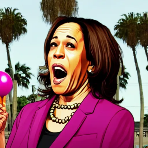 Image similar to gta 5 cover art of kamala harris eating a lolli - pop