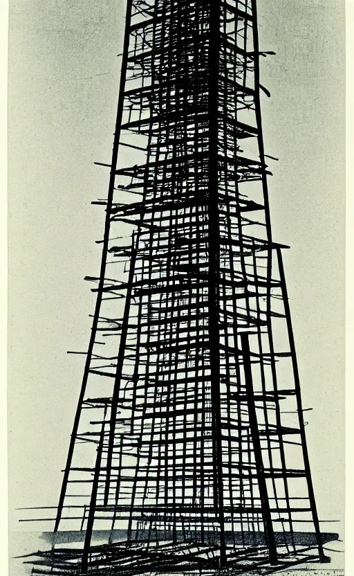Prompt: a tower made of ladders, hugh ferriss