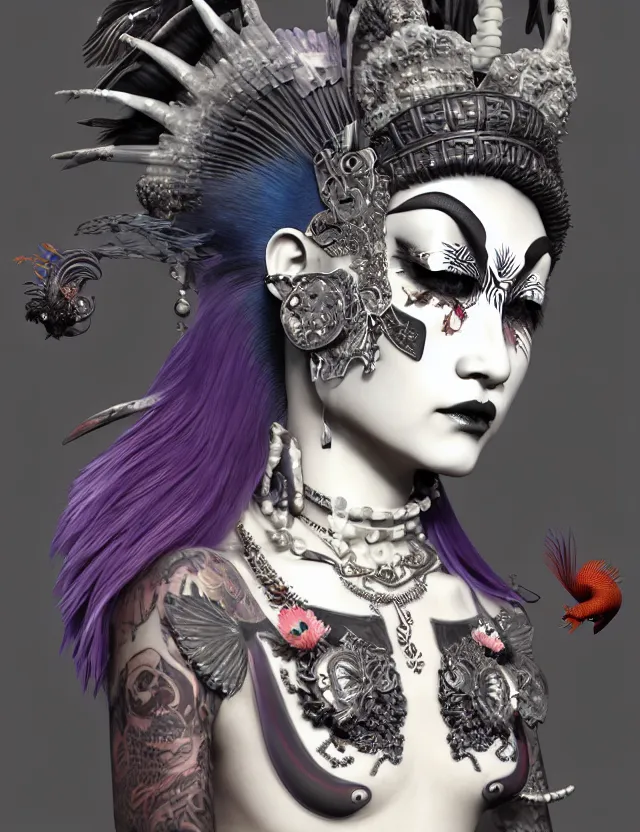 Image similar to 3 d goddess close - up profile portrait punk with mohawk in victorian style with ram skull. beautiful intricately detailed japanese crow kitsune mask and clasical japanese kimono. betta fish, jellyfish phoenix, bio luminescent, plasma, ice, water, wind, creature, artwork by tooth wu and wlop and beeple and greg rutkowski