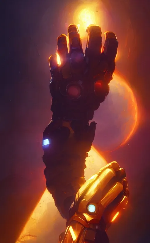 Prompt: the infinity gauntlet, long shadow, warm colors, realistic, by Greg Rutkowski, artstation