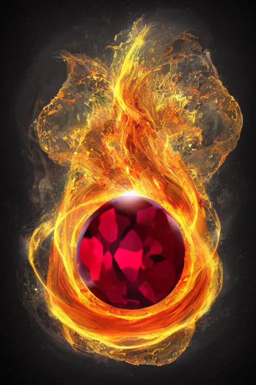 Image similar to A single elemental Gemstone of fire, covered in organic shapes and glowing with power, Magic Jewel, Sitting alone, Surrounded by darkness, Empty Background. Black Background. No Background. Seriously no background. concept art, illustration, burning hot. Magic Stone. Ruby Stone. Gold. Red Amythist. Symmetrical. Spirals. Melting. Honey. Intricate. Hyper Real. 4K. Octane Render. Refraction. Caustics. Raytracing.