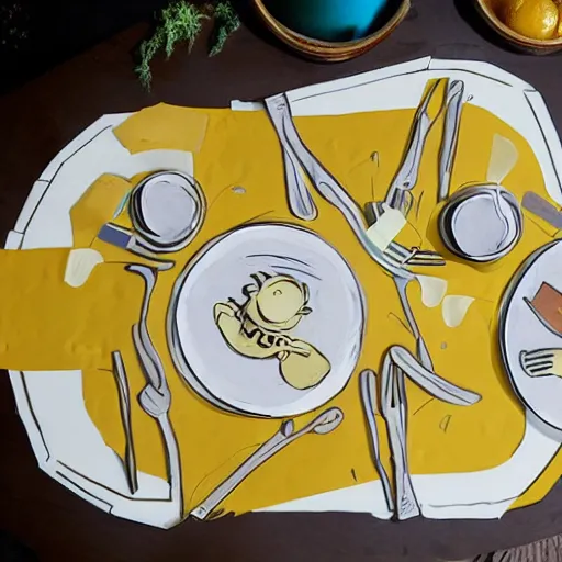 Image similar to Finn and Jake having dinner, layered paper style