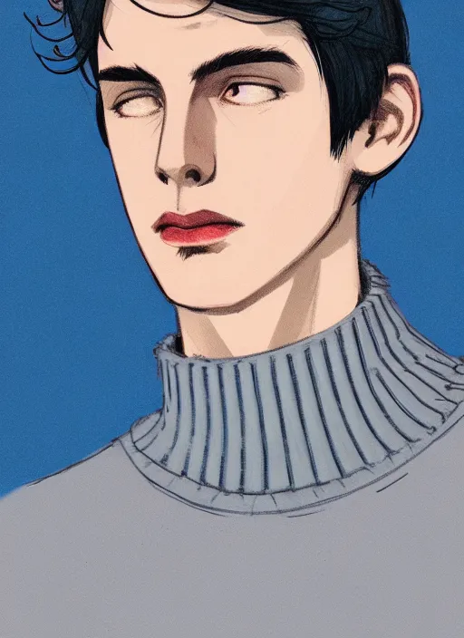 Image similar to portrait of teenage jughead jones wearing a light grey crown, crown, blue turtleneck, 1 9 5 0 s, closed eyes, photorealistic, black hair, glowing lighting, intricate, elegant, glowing lights, highly detailed, digital painting, artstation, concept art, smooth, sharp focus, illustration, art by wlop, mars ravelo and greg rutkowski