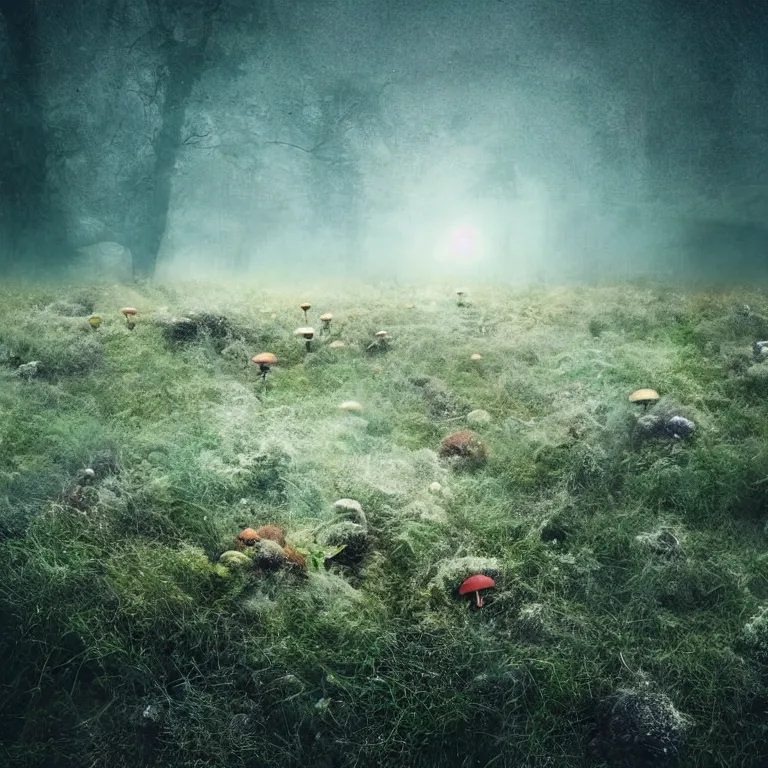 Image similar to a planet of various fungus, mushrooms and plants, inside the picture is infinity, Atmospheric phenomenon, artistic photography, muted colors, conceptual, long exposure outside the city, volumetric light