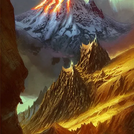 Image similar to Erebor the Lonely Mountain from the Hobbit, by Marc Simonetti