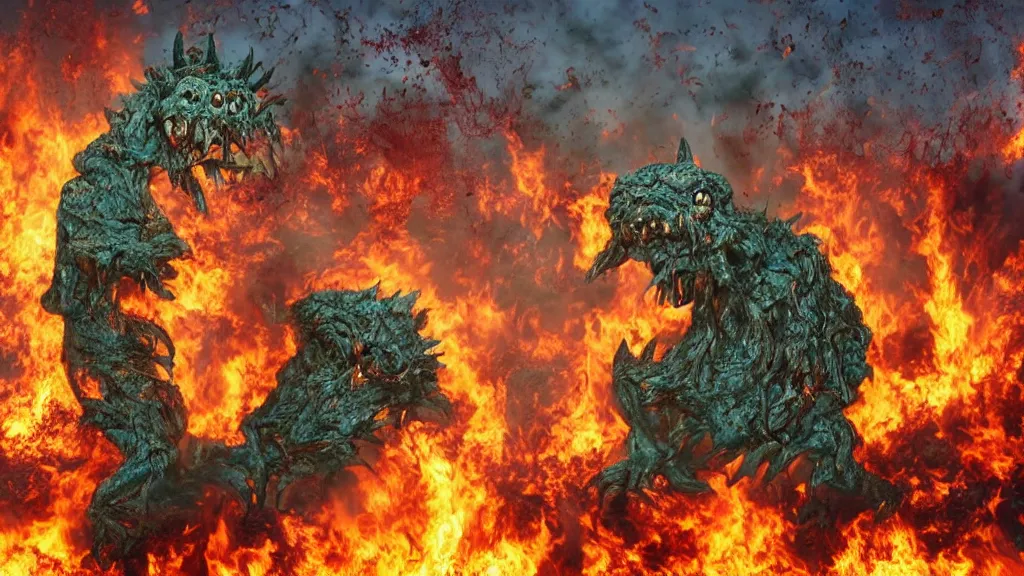 Prompt: photograph of a burning village being attacked by a goopy monster