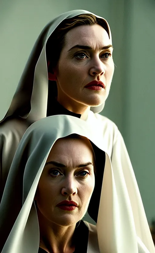 Image similar to kate winslet as a nun, intricate, cinematic lighting, highly detailed, canon 3 5 mm photography, horizontal symmetry, smooth, sharp focus