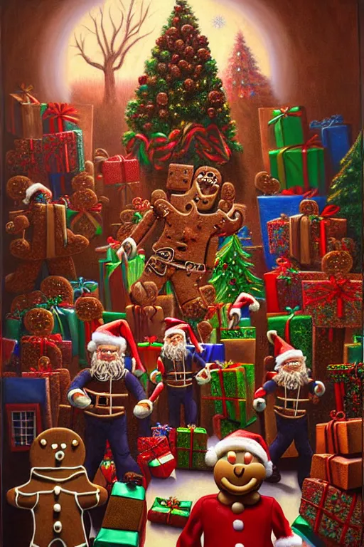 Image similar to a hyperrealistic painting of a 3 d christmas nightmare with giant mechanical evil gingerbread man, march of the wooden soldiers, santa's workshop, cinematic horror by chris cunningham, lisa frank, richard corben, highly detailed, vivid color,