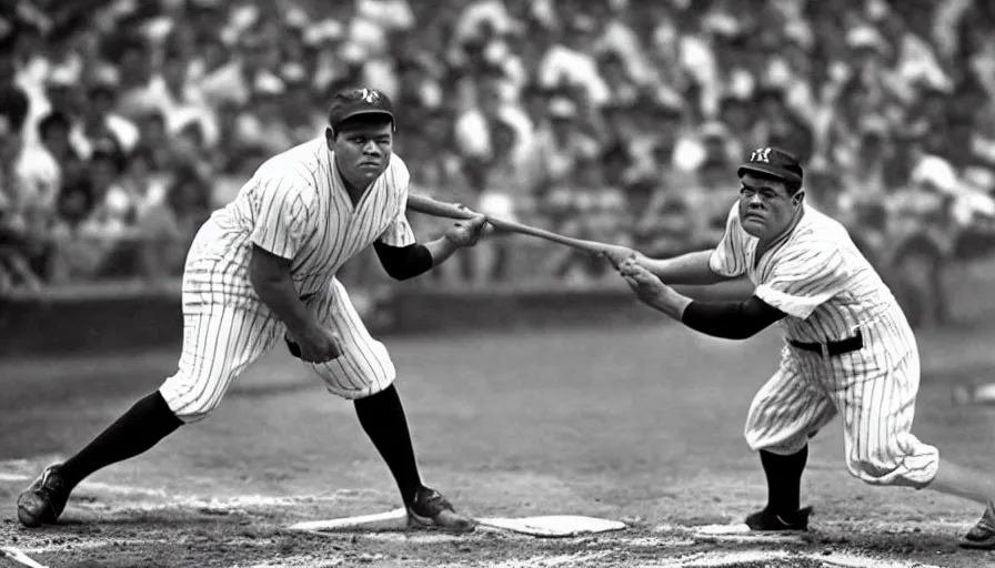 Image similar to babe ruth at bat, playing for 2012 new york yankees on a 4k tv broadcast