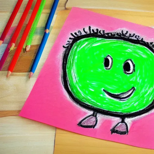 Image similar to a children's drawing of a smiling happy broccoli, he is dancing, vivid bright colors, color pencils are scattered around on the paper