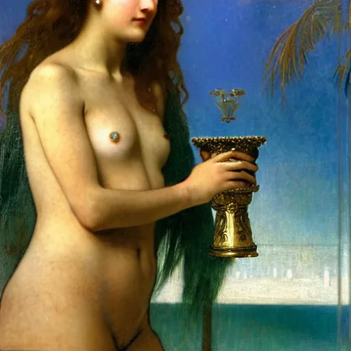 Image similar to Girl with a blood dripping chalice at the palace, thunderstorm, pool, beach and palm trees on the background major arcana sky, by paul delaroche, alphonse mucha and arnold böcklin arnold böcklin hyperrealistic 8k, very detailed