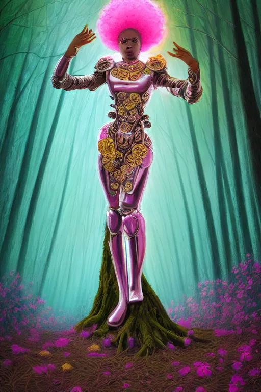 Image similar to illustration neo - renaissance cinematic super expressive! yoruba goddess with exoskeleton armor, merging with tree in a forest, pink yellow flowers, highly detailed digital art masterpiece, smooth etienne sandorfi eric zener dramatic pearlescent soft teal light, ground angle uhd 8 k, sharp focus