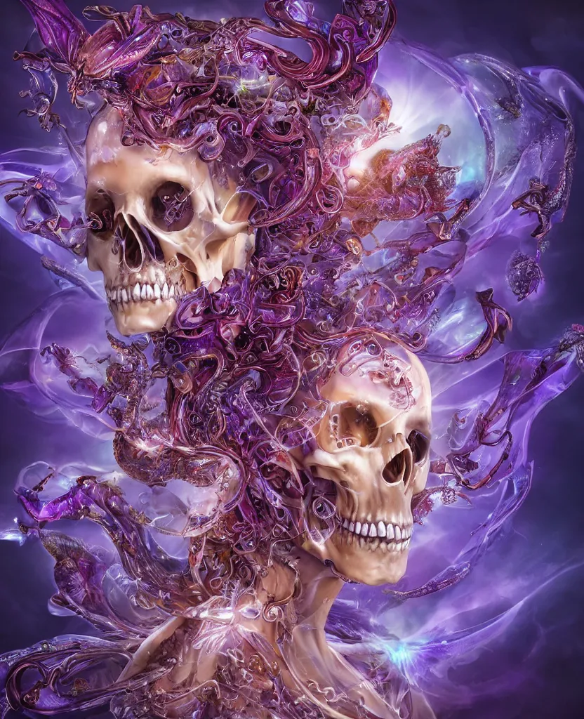 Prompt: epic smooth close-up macro portrait of the face of a beautiful princess of dead, epic angle and pose, symmetrical artwork, 3d with depth of field, blurred background, cybernetic orchid flower butterfly jellyfish dragon, female face skull phoenix bird, translucent, nautilus, energy flow. water flow, houdini particles, voronoi fracture a highly detailed epic cinematic concept art CG render. made in Maya, Blender and Photoshop, octane render, excellent composition, cinematic dystopian brutalist atmosphere, dynamic dramatic cinematic lighting, aesthetic, very inspirational, arthouse. y Greg Rutkowski, Ilya Kuvshinov, WLOP, Stanley Artgerm Lau, Ruan Jia and Fenghua Zhong