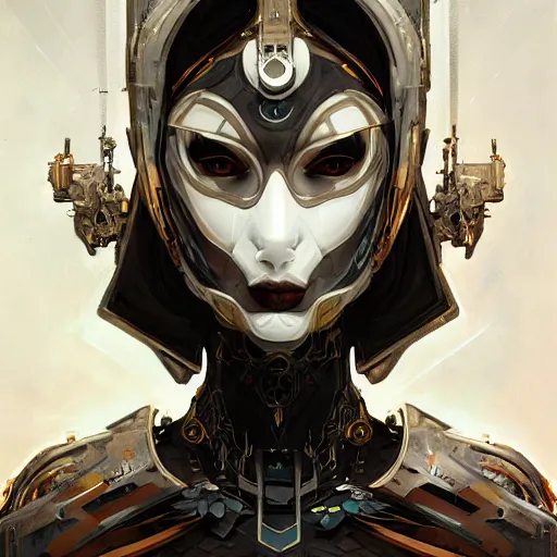 Image similar to a cyborg empress with mask, art nouveau ivory accessories, cyberpunk, darksynth, luxury, concept art by jama jurabaev, extremely detailed, ominous, ethereal, artstation, andree wallin, edvige faini, balaskas, alphonse mucha, symmetry