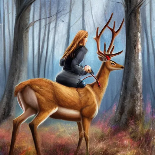 Image similar to girl riding a giant deer in the forest, trending on art station
