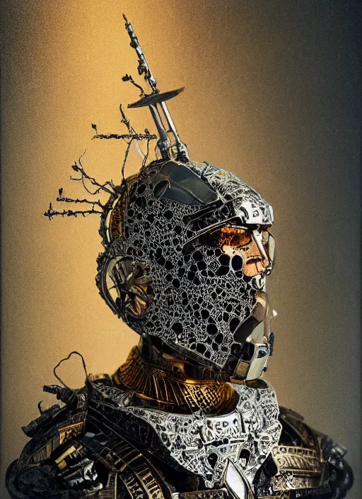 Prompt: portrait of king arthur knight cyborg, kintsugi, modern fine art, fractal, intricate, elegant, highly detailed, digital photography, subsurface scattering, by jheronimus bosch and basquiat and greg rutkowski,