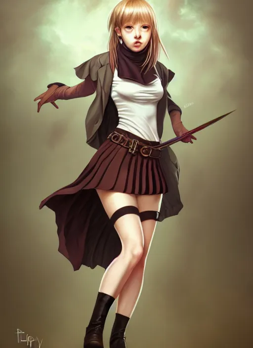 Image similar to portrait of a full body of beautiful young female detective, d & d, sleeveless turtleneck, pleated skirt, fantasy, flat lighting, intricate, highly detailed, digital painting, artstation, concept art, smooth, sharp focus, illustration, misa amane, art by simon bisley and greg rutkowski and alphonse mucha, natural tpose