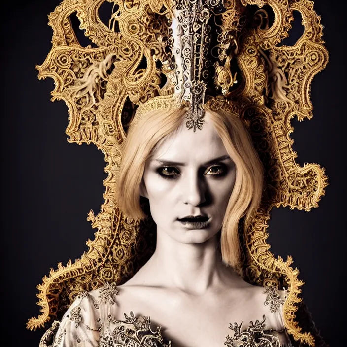 Prompt: photo portrait of a beautiful woman like a queen-demon -angel, dressed in long elegant intricate ornamental baroque argent dress, intricate fractal highly detailed baroque ornament in the upper side of breast, bust with a very long neck , elegant, highly detailed intricate baroque ornament in her blond long hair, Realistic, Refined, Highly Detailed, Cinematic Lighting, fine art photography by Flora Borsi, volumetric rembrandt lighting, hyper realistic photography