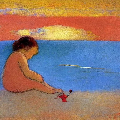 Prompt: pretty child eating ice cream on the beach, long hair flying becous wind by odilon redon