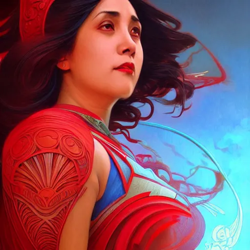 Image similar to leni robredo as darna, volumetric lights, red and cyan theme, art nouveau botanicals, intricate, highly detailed, digital painting, artstation, concept art, smooth, sharp focus, cinematic, illustration, beautiful face, art by artgerm and greg rutkowski and alphonse mucha