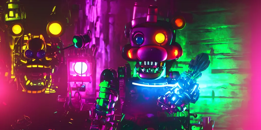 Image similar to fnaf freddy, cyberpunk, rgb, neon, hd, cinematic,