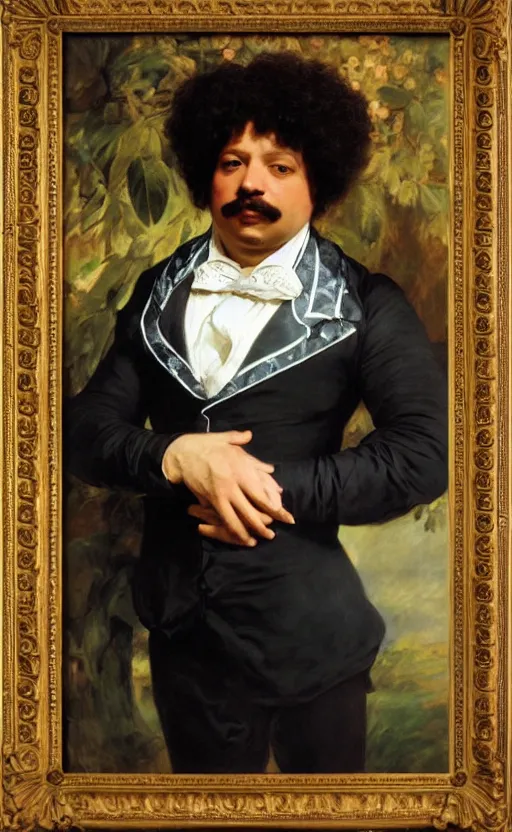 Image similar to Portrait of Alexandre Dumas, oil on canvas, highly detailed, high contrast, by Franz Xaver Winterhalter, Henry Ossawa Tanner, Anthony van Dyck, 8k