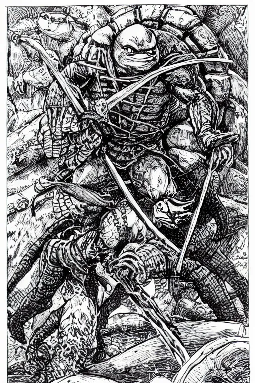 Image similar to leonardo the ninja turtle as a d & d monster, pen - and - ink illustration, etching, by russ nicholson, david a trampier, larry elmore, 1 9 8 1, hq scan, intricate details, high contrast