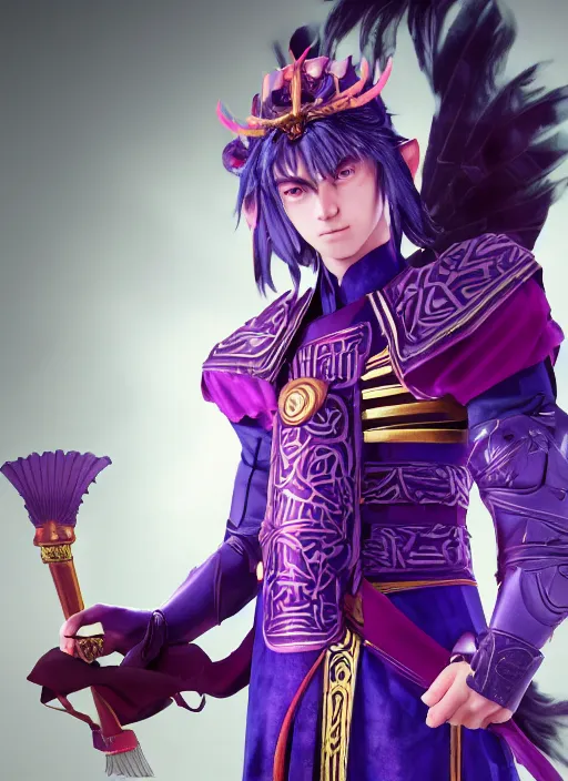 Image similar to An epic fantasy portrait painting of teenager boy with straight indigo hair, purple eyes with red eye markers, slim body, wearing a detailed Japanese kimono with golden armor pieces, holding japanese fan. Unreal 5, DAZ, hyperrealistic, octane render, studio Ufotable, Demon Slayer artstyle, cosplay, RPG portrait, dynamic lighting