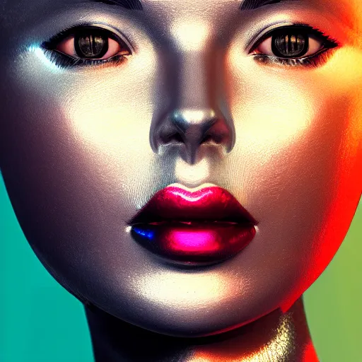 Prompt: portrait of a beautiful android woman, futuristic, chrome and colorful, photo realistic, ray tracing, 3 d shading, octane render, popular on art station