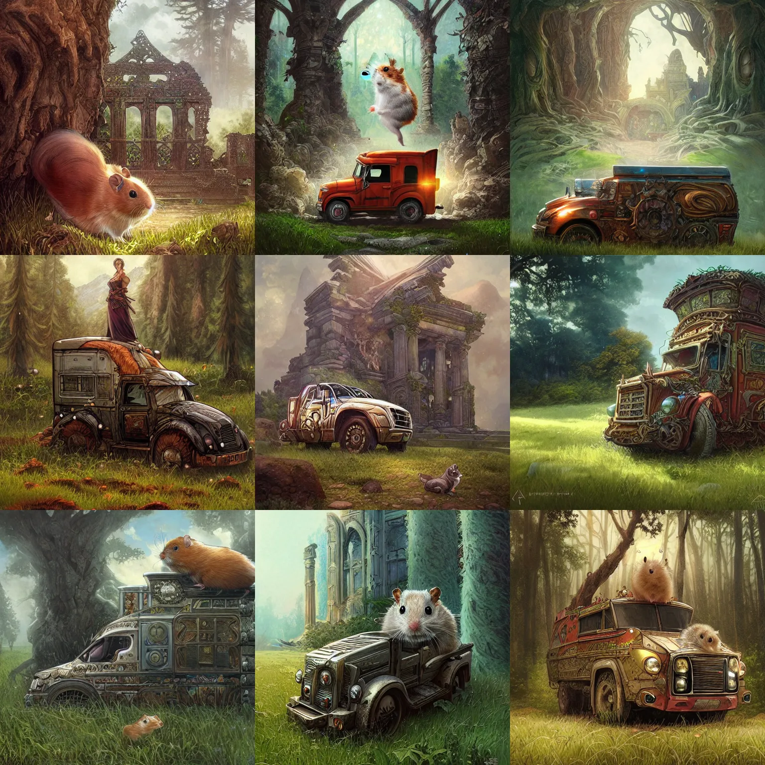 Prompt: An epic fantasy comic book style portrait of a hamster as a truck, temple ruins surrounded by lush meadow and big pines, intricate, elegant, highly detailed, digital painting, artstation, concept art, matte, sharp focus, illustration, art by Artgerm and Greg Rutkowski and Alphonse Mucha