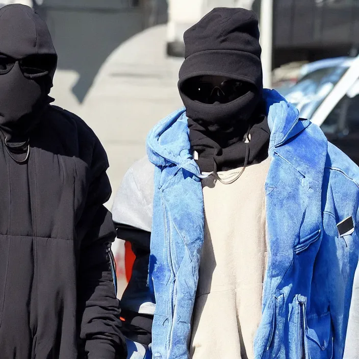 Image similar to kanye west using a full face covering black mask, a blue round puffer jacket made of nylon and big black rubber boots,