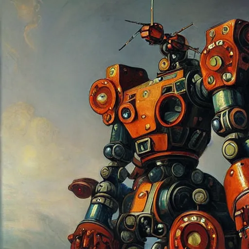 Prompt: an intricate oil painting of a giant anime robot with rounded and circular parts by rembrandt