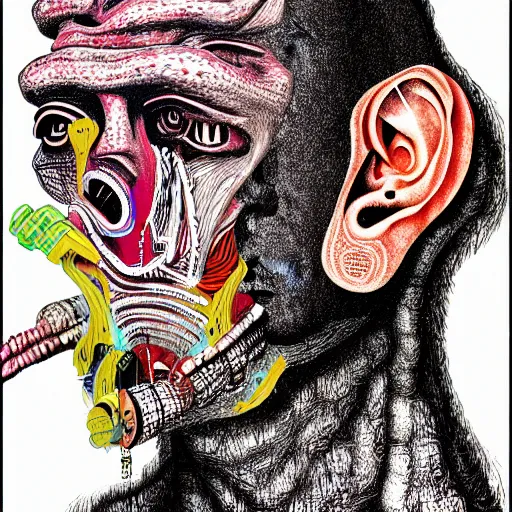 Image similar to graphic illustration, creative design, ancient lord, biopunk, francis bacon, highly detailed, hunter s thompson, mixed media