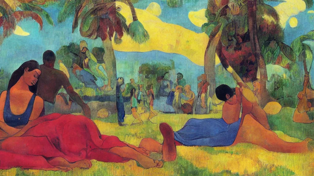 Image similar to chillhop picture, in style of paul gauguin, 4 k, high resolution details,