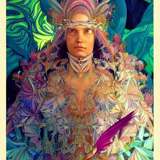 Image similar to A reality bending psychedelic ayahuasca experience, colorful, distorted, surreal, tropical bird feathers, dramatic lighting on the face, intricate, elegant, highly detailed, digital painting, concept art, smooth, sharp focus, illustration, art by Krenz Cushart and Wayne Barlowe and alphonse mucha