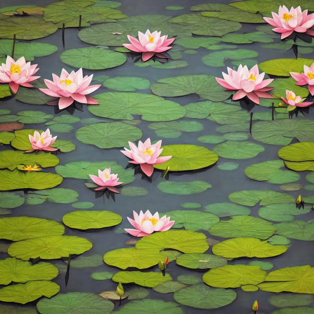 Prompt: a pond with lotus flowers and leaves, watching through frosted glass, photorealistic, detailed, realistic render, hyper realism, summer color pattern, album cover, trending in artstation