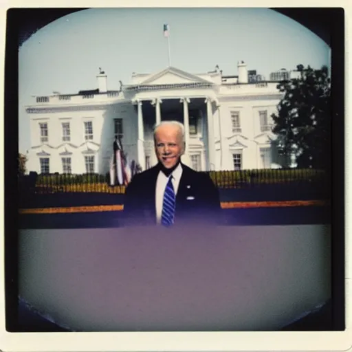 Prompt: polaroid photograph of Joe Biden standing in front of the white house on fire