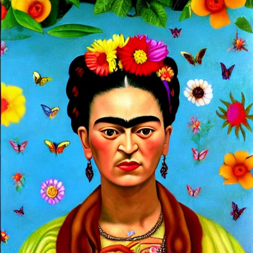 Prompt: detailed colorful matte painting of a young frida kahlo with flowers in her hair, hummingbird, butterflies, by fernando botero, 8k resolution