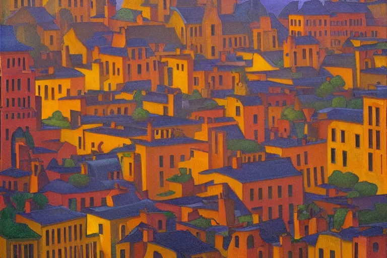 Image similar to view of the old city and its tree-lined winding streets still wet after a storm, tall windows lit up, beautiful ornamental architecture, dramatic cinematic lighting, rich colors, by Nicholas Roerich and ford madox brown and April Gornik and Sylvain Sarrailh and Ludwig Deutsch and Diego Rivera, featured on artstation