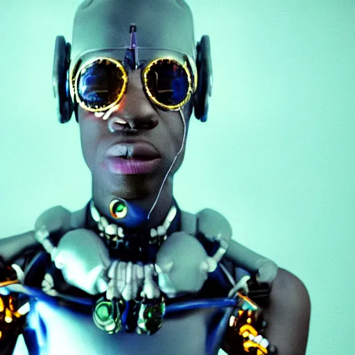 Image similar to a cinematic film still of rapper unotheactivist as a cybernetic cyborg, cgi, surrealism, film photography