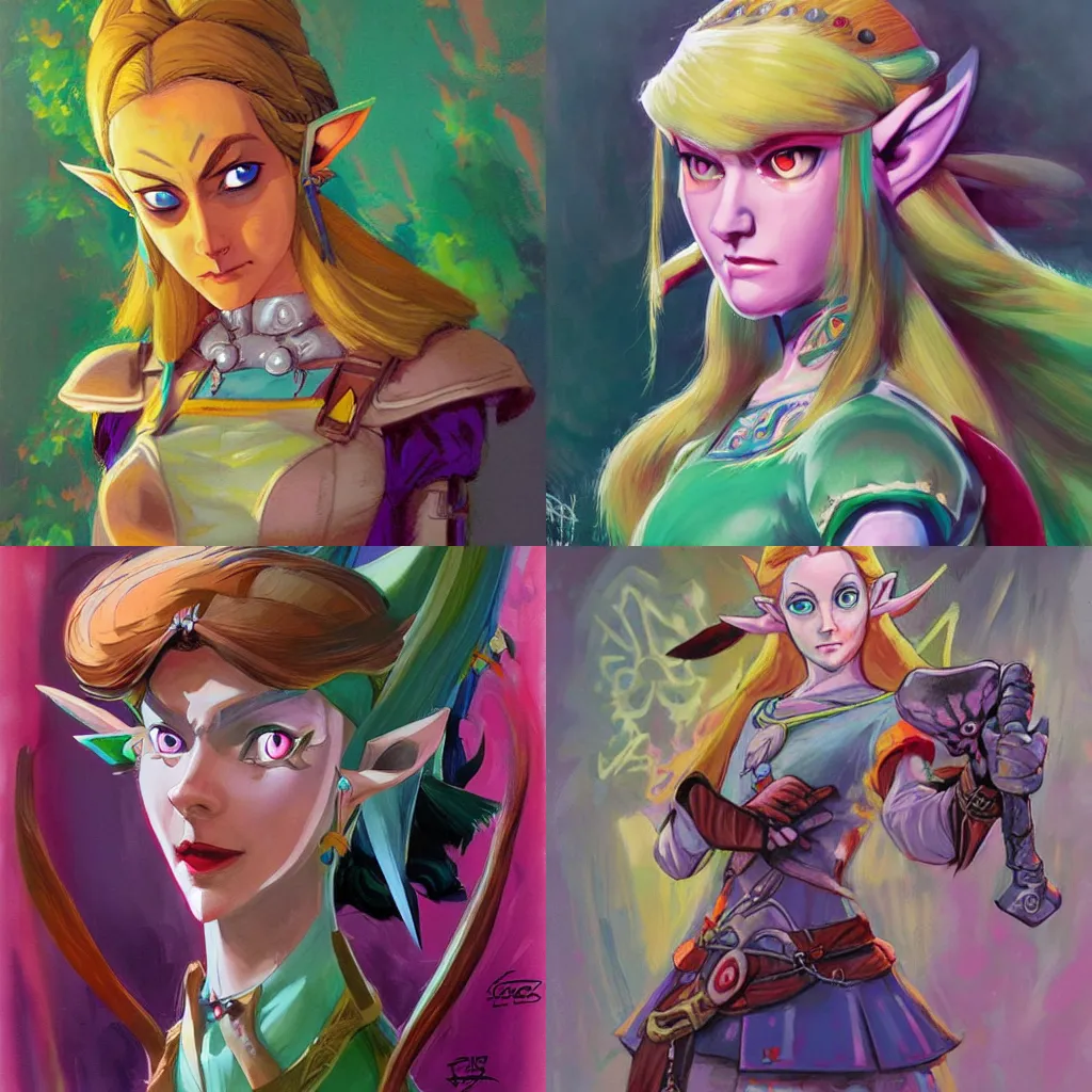 Prompt: Colorful, creepy portrait of Princess Zelda (The Legend of Zelda) by Jesper Ejsing